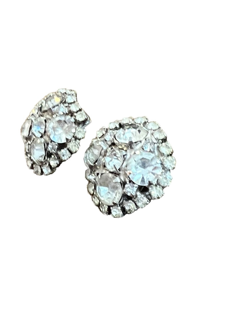 Vintage Formal Rhinestone Round Clip On Earrings Evening Bling