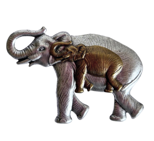 Silvertone and Goldtone Double Elephant Lucky Brooch Trunk Up 3" x 1.75"