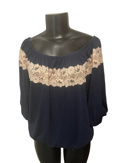 Large Bella D Lace Embellisment Women's Navy Blue Off Shoulder Blouse