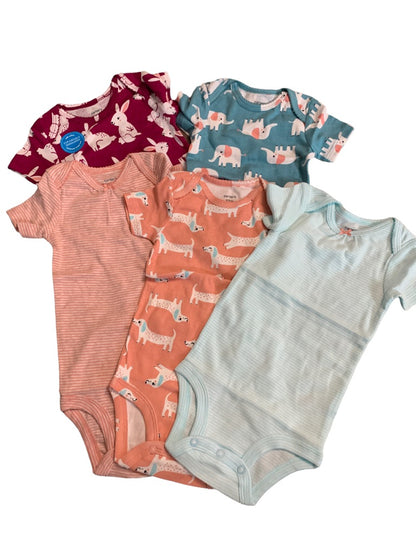 12 Months Carters Set of 5 One Piece Short Sleeve Animal Theme Pink Blue