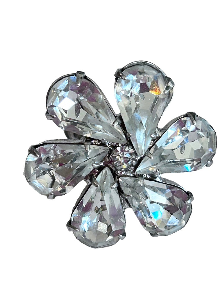 Vintage Screwback Non-Pierced Earrings Clear Crystal Flower 1 1/8" Diameter