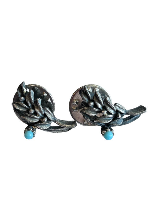 Set of 2 Silvertone Lapel Pins Turquoise Stone 7/8" Branch Vintage
