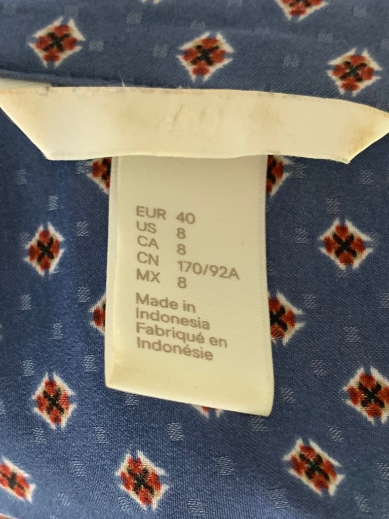 8 H&M Women's Popover Blue Ascot Print Blouse Single Pocket