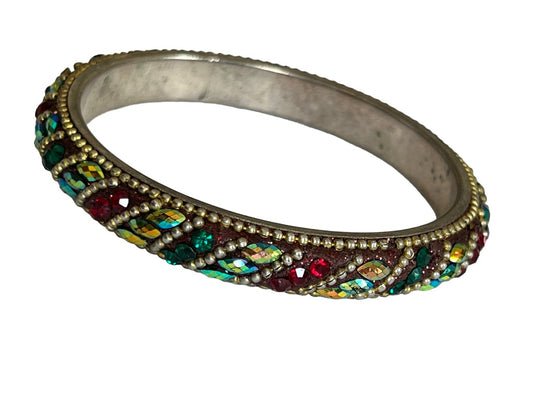 Vintage Multi-Color Rhinestone Indian Style Bangle Bracelet 2.5" Diameter Opening