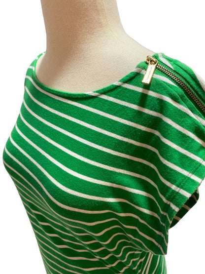 Large Michael Kors Green and White Striped Sleeveless Shirt Zip Shoulder Rouched Sides