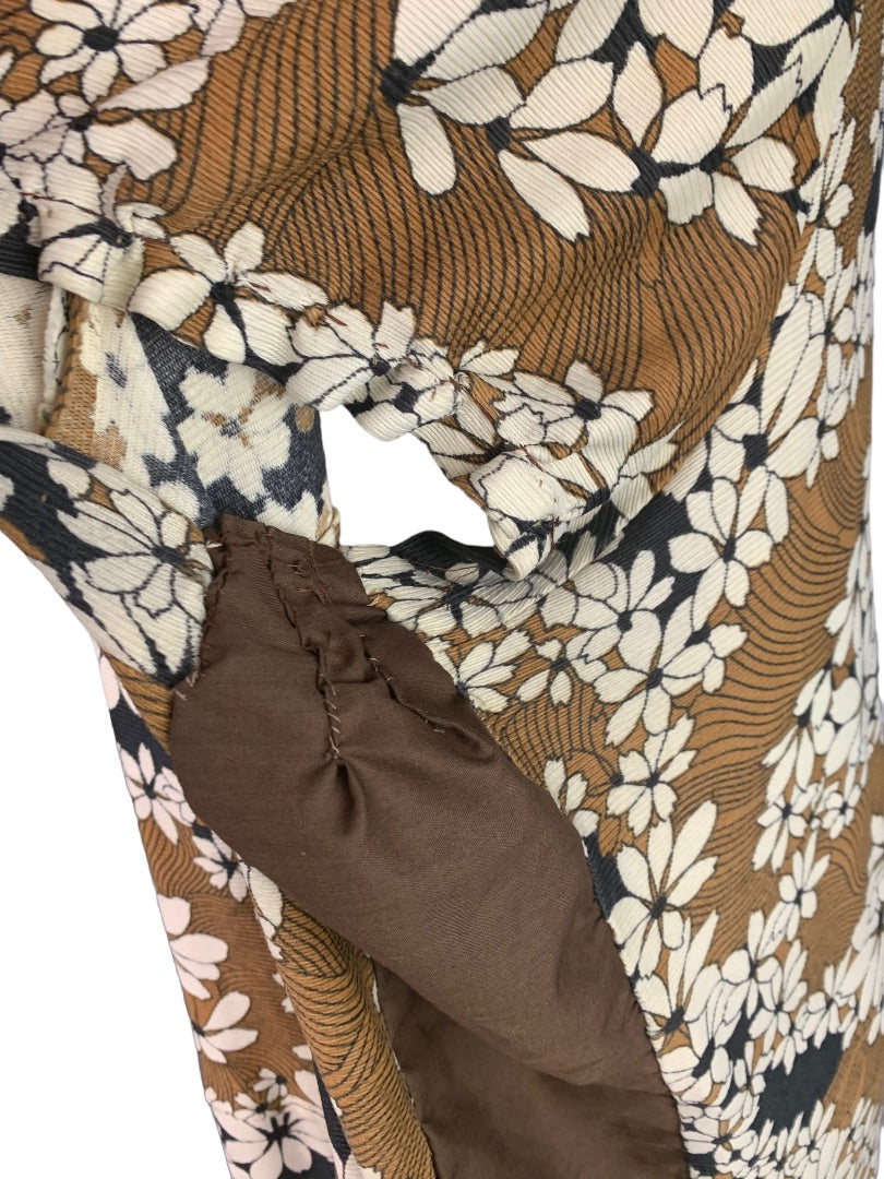Vintage 1950s Handmade Plus Size Brown Shift Dress Floral Print Knee Length