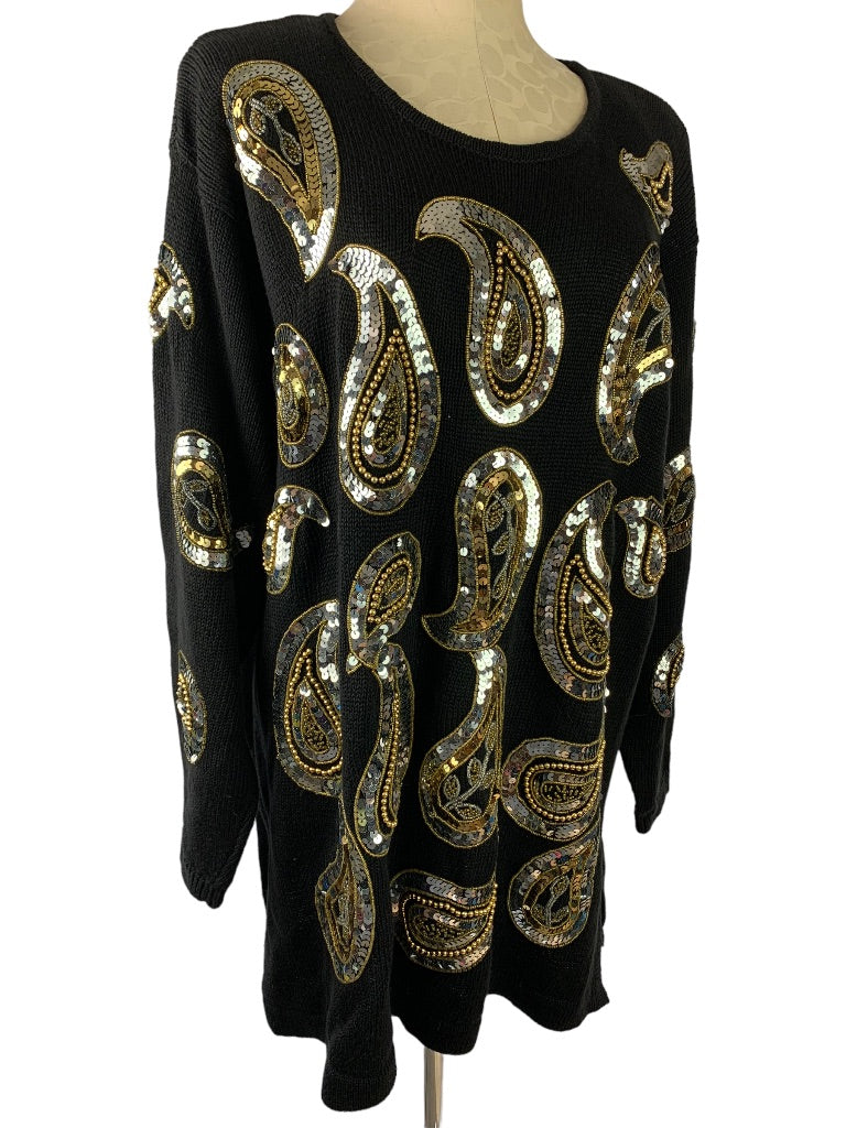 18/20 Venezia Vitale Vintage Women's Sweater Black Paisley Beaded Sequin Gold Silver