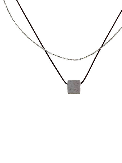 Delicate 18" Dual Strand Silvertone and Burgundy Necklace with Square Pendant