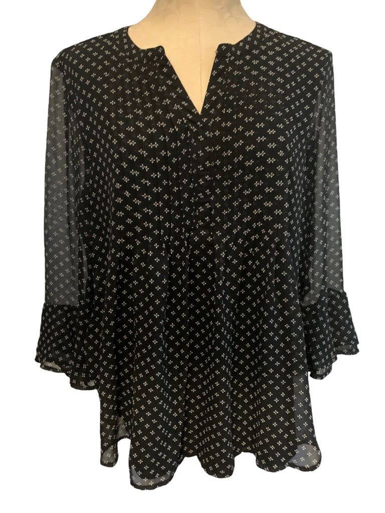 Large Izod Black Print Women's Pullover Blouse Sheer Bell Sleeve