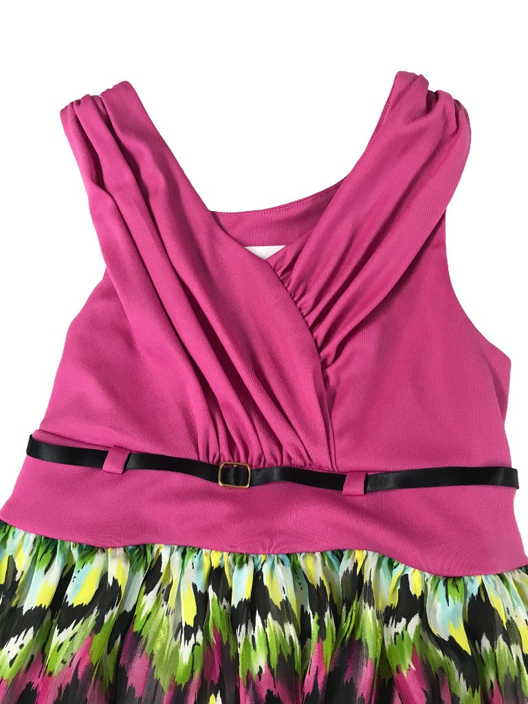 8 Bonnie Jean Girls Lined Pink Dress Sleeveless Abstract Design Green Skirt