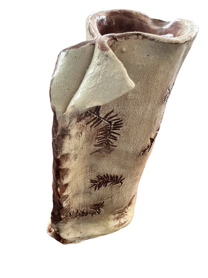 Handmade Natural Glazed Imprint Floral Pinch Vase Signed