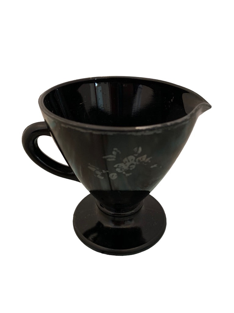 Vintage Black Glass Hazel-Atlas Floral Sterling Pedestal Creamer