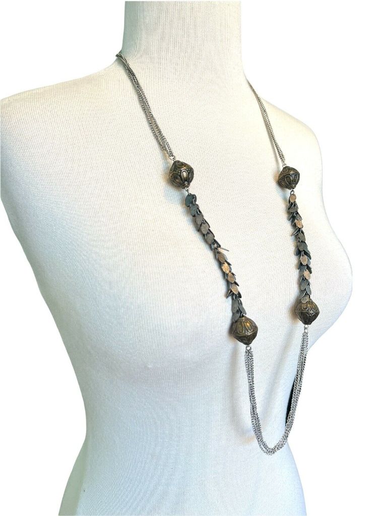 Mixed Metal Artsy Bohemian Long Beaded Chain Necklace