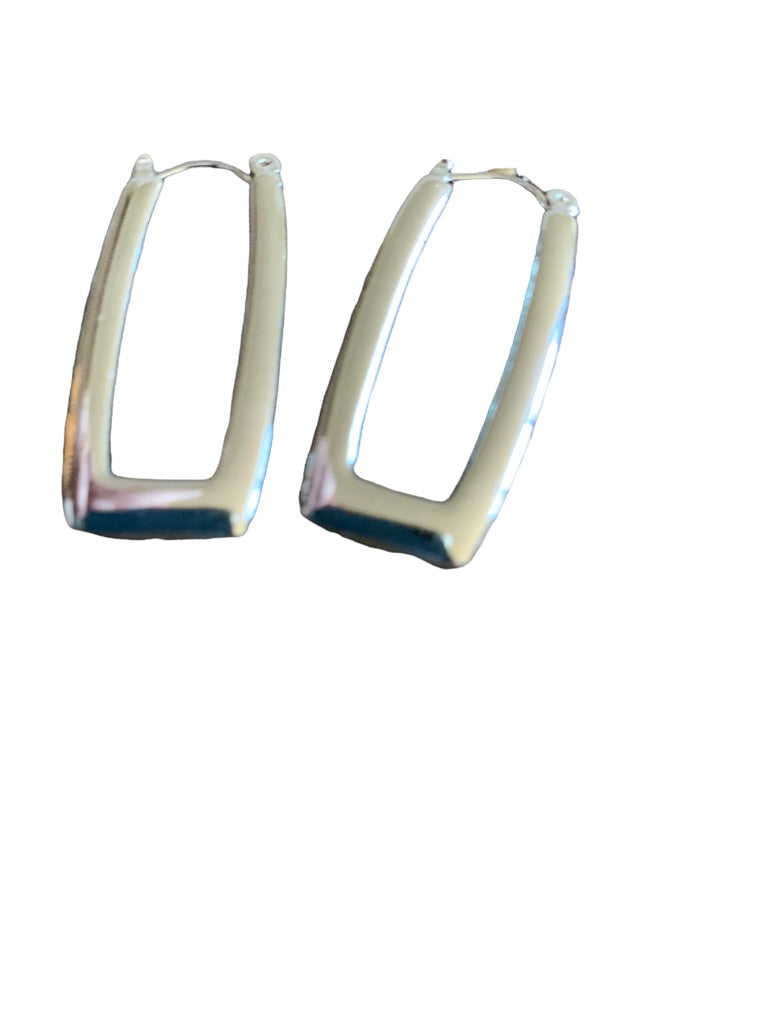 Silvertone Rectangle Pierced Leverback Earrings 1 1/8" Drop