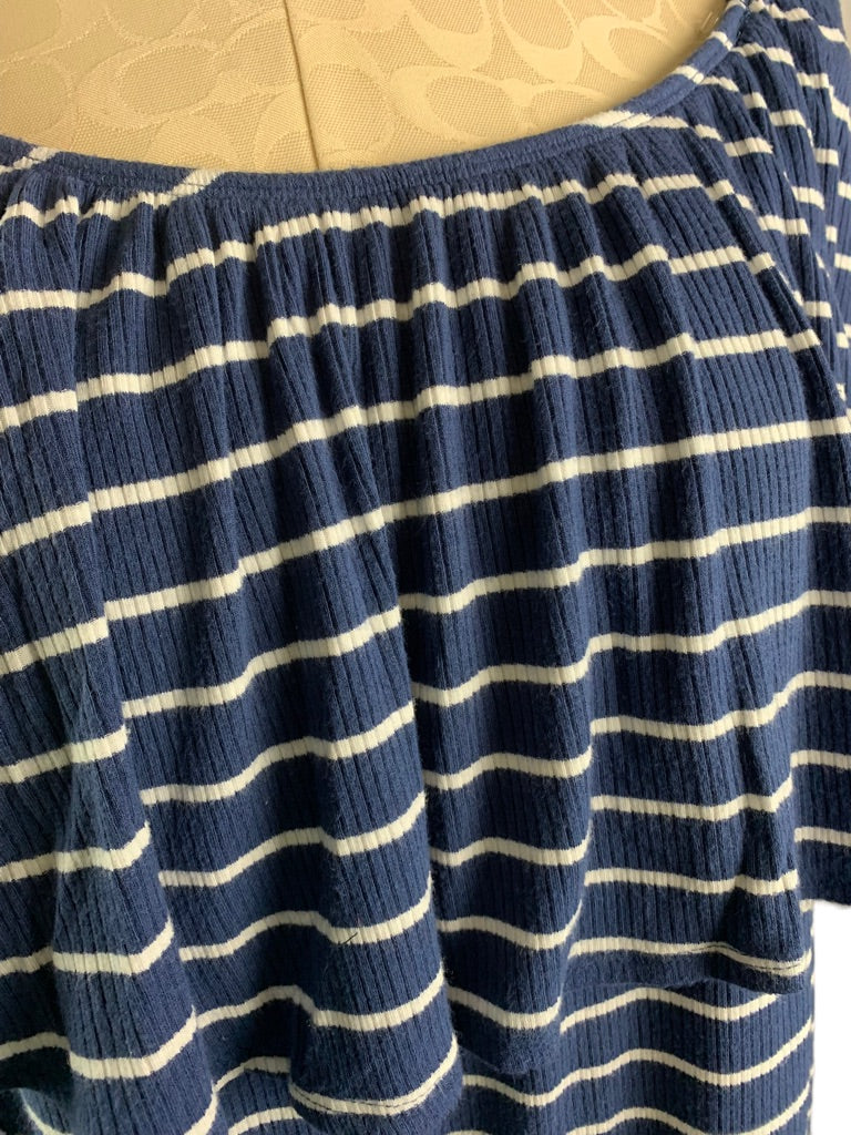 18/20 Avenue Jersey Knit Off Shoulder Blue White Stripe Short Sleeve Top Women's