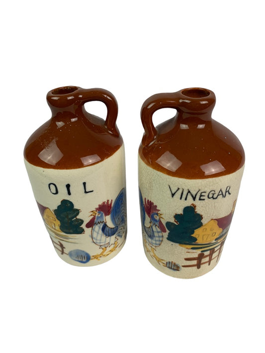 Set of Oil and Vinegar Crocks Cruets 4 3/4"h Rooster Country Theme