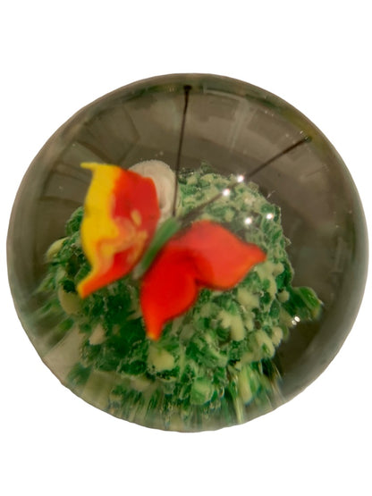 Glass Globe Paperweight Red Yellow Butterfly Grass 1.8"h x 2"d