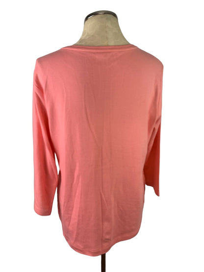 Large Petite Croft & Barrow Women's Coral Pink 3/4 Sleeve Lace Front Tshirt