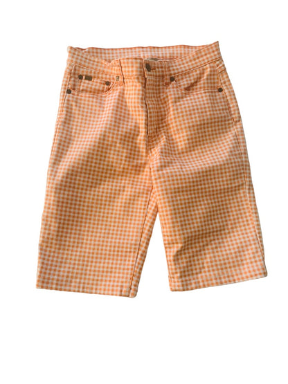 6 DG2 Diane Gilman Women's Orange White Gingham Stretch Denim Shorts