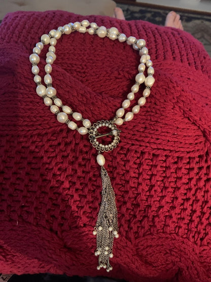 Double Strand Faux Pearl and Freshwater 20" Toggle Clasp Tassel 7"