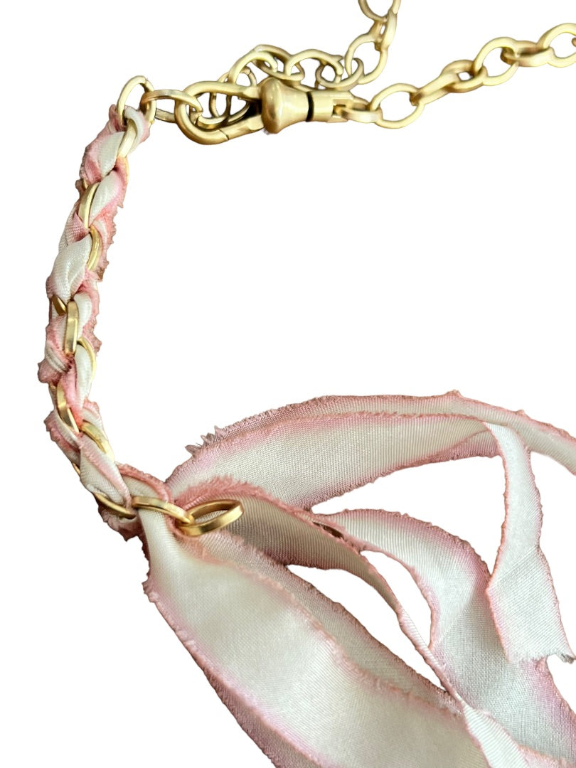 John Wind Goldtone Link Necklace Braided Pink Tassle 25" adjustable