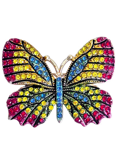 Bright Crystal Butterfly Brooch Pin Blue Yellow Red Goldtone Setting 1 7/8"