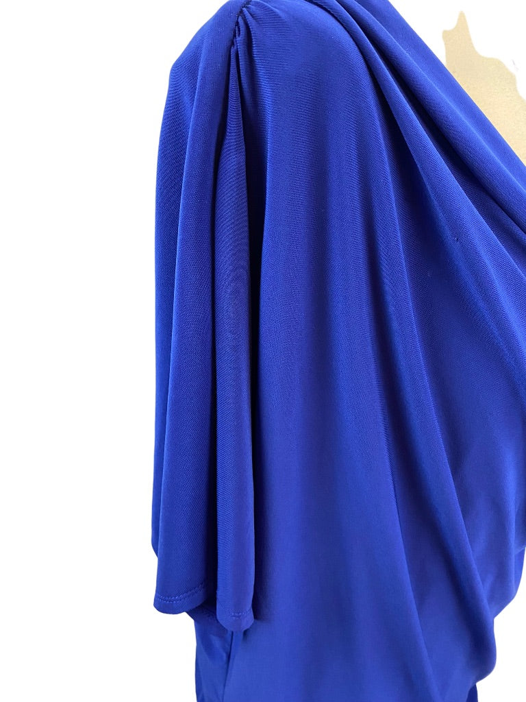 16 Dressbarn Women's Blue Drape Front Pullover Dress Short Sleeve Stretch Fabric