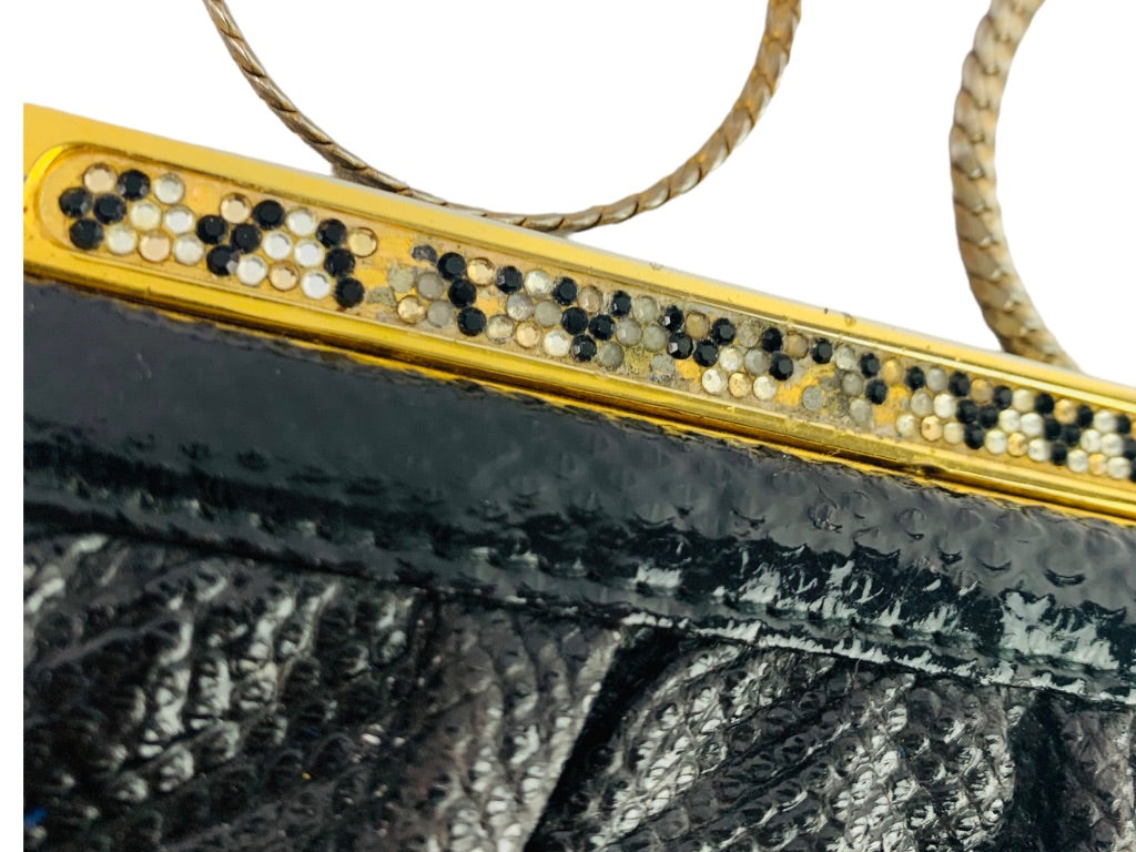 Andre Cellini Vintage 1980s Black Snakeskin Shoulderbag Goldtone Hardware Embellished Hinged