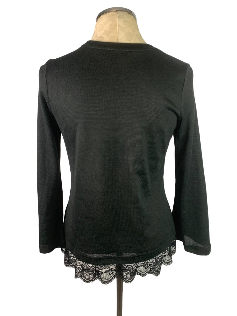 XS DG2 Diane Gilman Black Slightly Sheer Lace Hem Pullover Sweater Women's