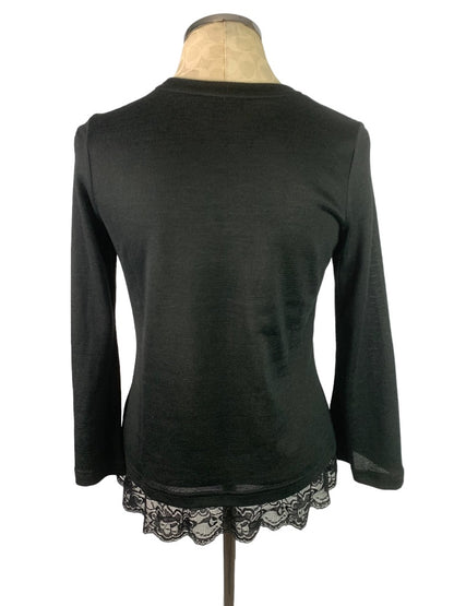 XS DG2 Diane Gilman Black Slightly Sheer Lace Hem Pullover Sweater Women's