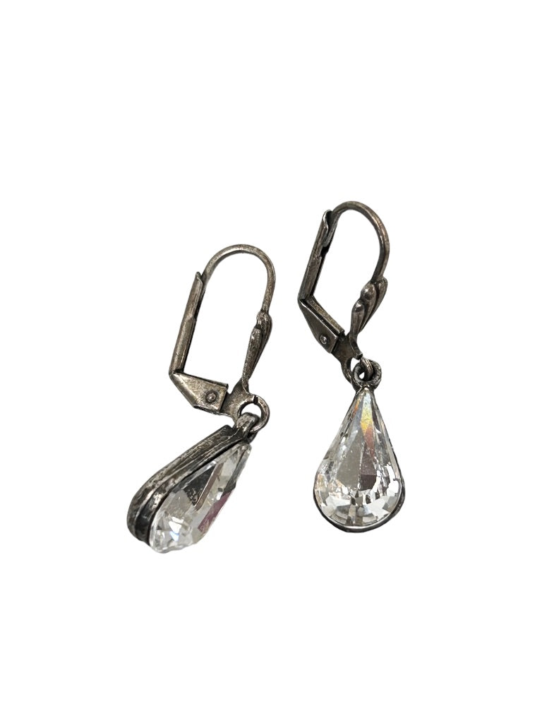 Teardrop Shape Clear Rhinestone Earrings Silvertone Earrings Leverback 1.25" Drop Dangle