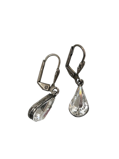 Teardrop Shape Clear Rhinestone Earrings Silvertone Earrings Leverback 1.25" Drop Dangle