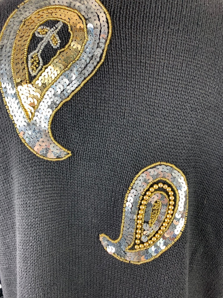 18/20 Venezia Vitale Vintage Women's Sweater Black Paisley Beaded Sequin Gold Silver