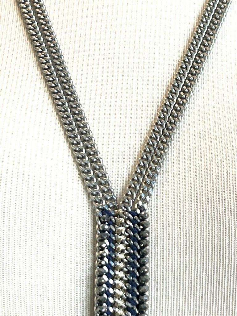 Stella and Dot Tessa Fringe Necklace Lariat Silvertone Blue Steel Chain