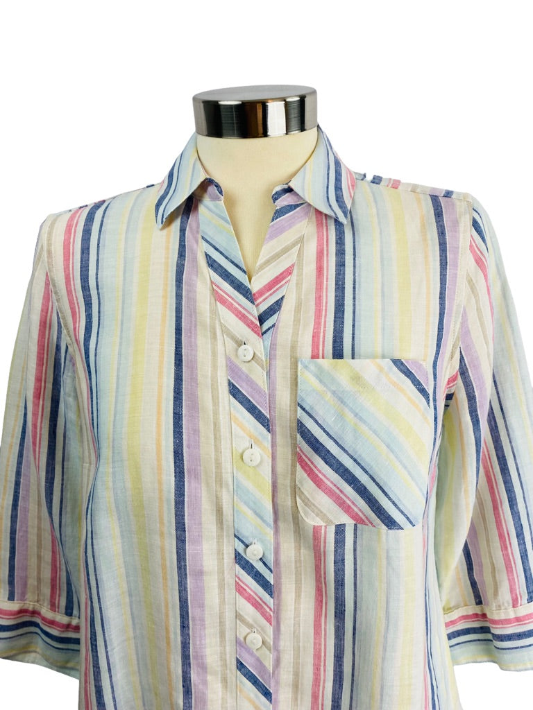 0/2 Petite Chico's Women's Striped Linen Button Up 3/4 Sleeve Shirt Blouse No-Iron