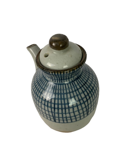 Lidded Soy Sauce Pot Pitcher Ceramic Gray Blue 4"h x 3.5" w