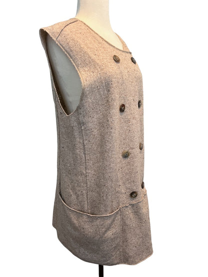 M Sara Campbell Speckled Tan Sleeveless Long Cardigan Button Accents Large Pockets