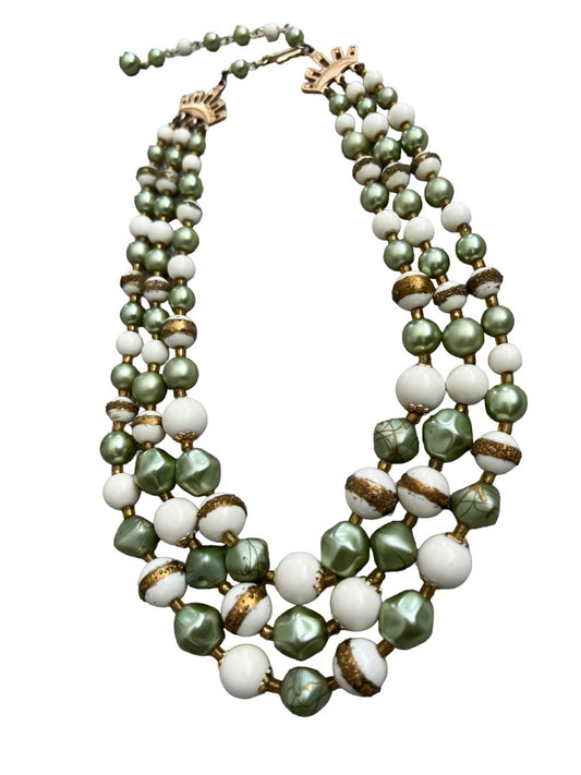 Tri-Strand Beaded Vintage Necklace Stamped Japan Green White Gold