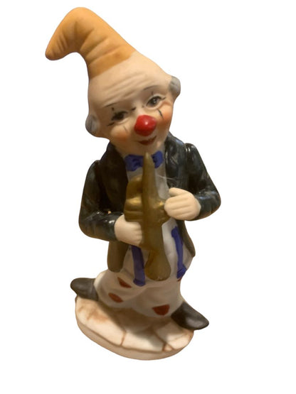 Vintage 1970s Porcelain Hobo Clown Figurine Trumpet Playing Figurine 6"