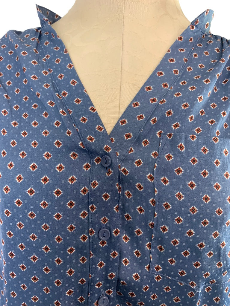 8 H&M Women's Popover Blue Ascot Print Blouse Single Pocket