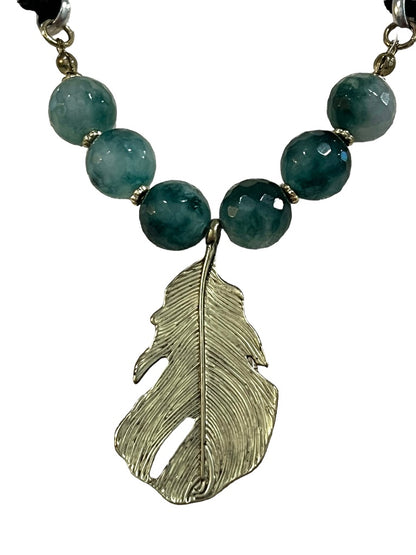 Blue Fluorite Stone Goldtone Leaf Necklace Velvet Tie Adjustable 36"