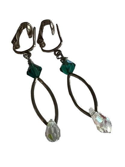 Silvertone Drop Earrings Green Clear Beaded Earrings