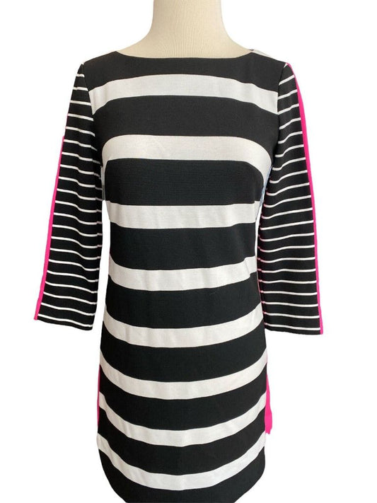 2 Eliza J Black & White Striped Bodycon Dress Pink Panel