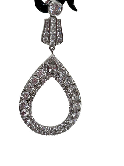 Rhinestone Teardop Earrings Silvertone 2" Drop Dangle Post Pierced Earrings
