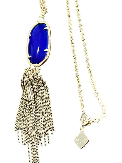 Kendra Scott Rayne Long Pendant Necklace Goldtone Blue Lariat Tassel 30" + 2"