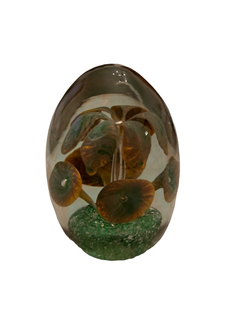 Vintage Egg Shaped Glass Paperweight Brown Green Flowers 3"d x 4.2"h