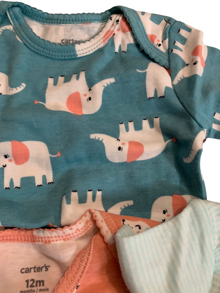 12 Months Carters Set of 5 One Piece Short Sleeve Animal Theme Pink Blue