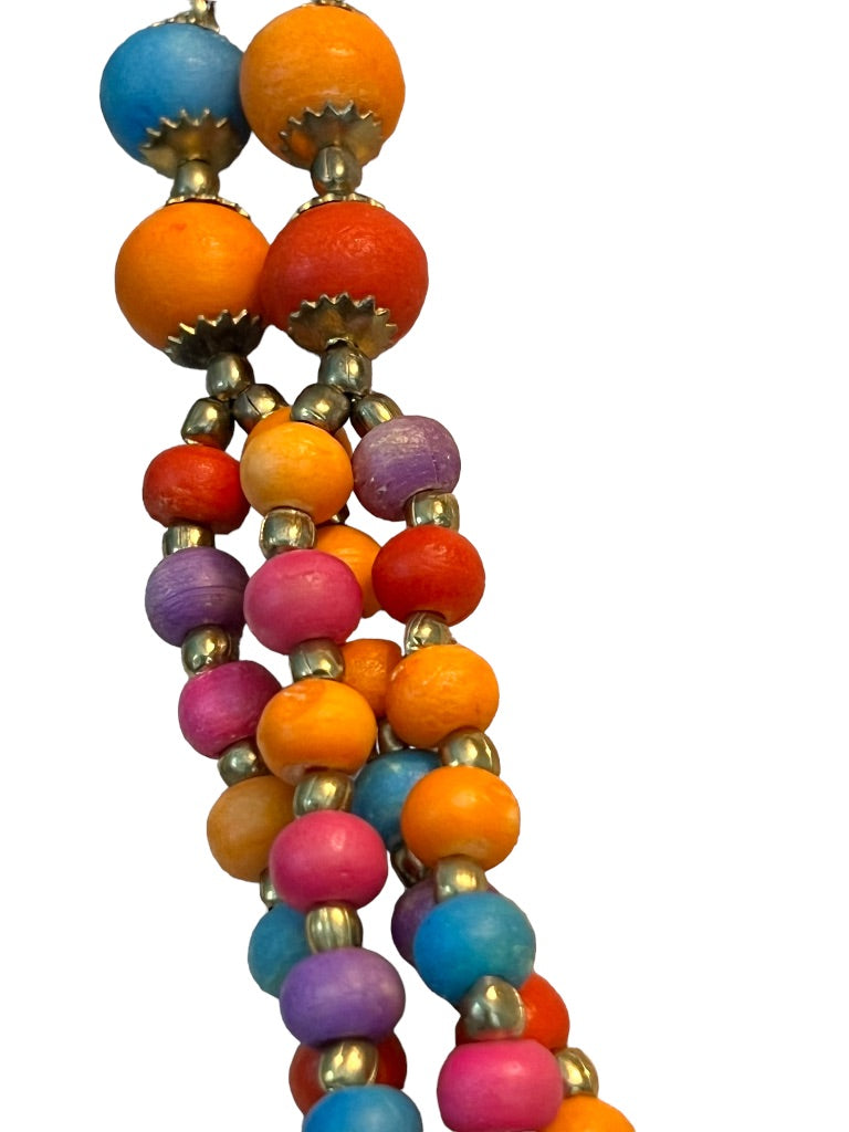 Multistrand Wooden Beaded Multicolor Bib Necklace Brasstone Beads 23.75"