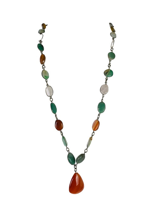 Vintage 28" StoneSilvertone Necklace Overhead Orange Green Natural Stone