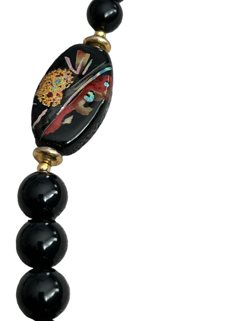 Handpainted Black Lacquer Oriental Wooden Pendant Necklace 22" Long